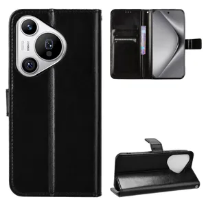 Funda de cuero negro con tapa tipo cartera para Huawei Pura 70 con tarjeteros y funcion soporte.