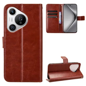 Funda de cuero marrón con solapa, tarjetero y soporte para Huawei Pura 70