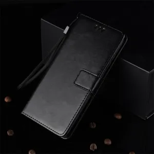 Vista detallada de la funda con solapa de cuero negro con tarjetero y correa para Huawei Pura70.