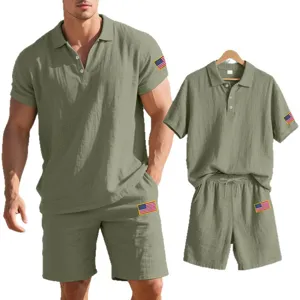 Men's summer linen casual short sleeve polo shirt and shorts set with flag patch.