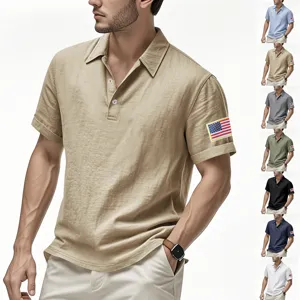 Men breathable linen short sleeve polo shirt casual loose fit with flag patch top summer