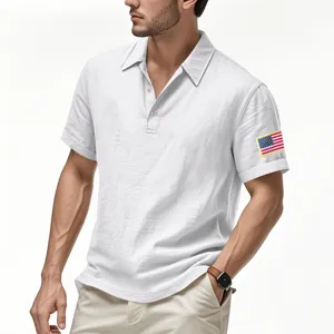 Men's white linen short sleeve polo shirt casual loose fit with flag patch on sleeve.