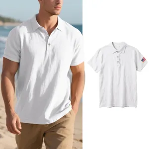 Men's breathable linen short sleeve polo shirt casual lapel summer top with flag detail.