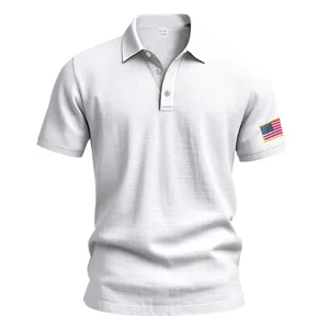 Men's breathable linen short sleeve polo shirt featuring classic US flag embroidery.