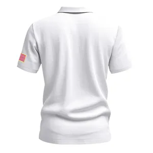 Men white short sleeve polo shirt detail back view, breathable casual tee with sleeve emblem.
