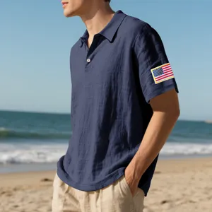 Men's breathable linen polo shirt short sleeve casual lapel top with flag embroidery