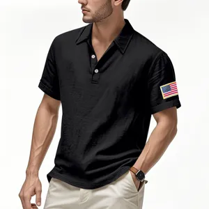 Men's black short sleeve linen polo shirt with American flag embroidery detail for casual daily wear.