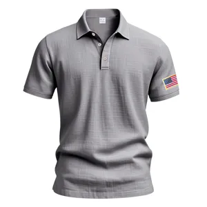 Men's Solid Gray Casual Short Sleeve Linen Polo Shirt with American Flag Embroidery