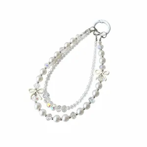 Double chain crystal pearl bow phone lanyard strap decorative accessory for women and girls
