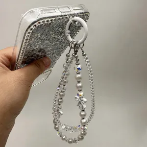 Beaded phone charm wrist strap crystal pearl bow phone case lanyard accessory decoration