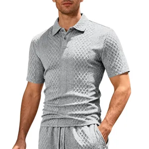 Polo manica corta grigia da uomo, tessuto jacquard testurizzato traspirante con collo a rever.