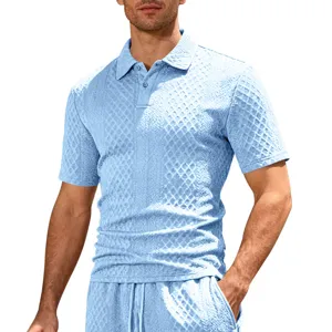 Set polo manica corta jacquard azzurro chiaro uomo top estivo in maglia con bottoni.