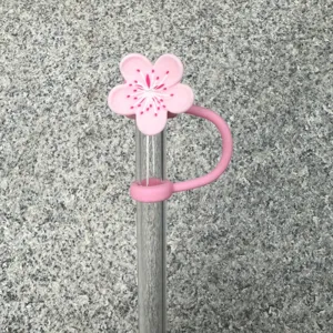 Cute pink flower silicone straw cover topper for 10mm reusable drinking straws dust plug.