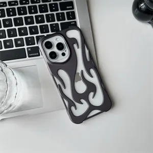 Detail view of matte frosted hollow flame pattern phone case on laptop surface display.