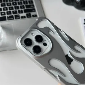 Silver flame pattern phone case for iPhone, stylish hollow protective back cover for smartphone.