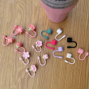 Silicone peach blossom straw cover and dust plug details for 10mm tumblers and cups.