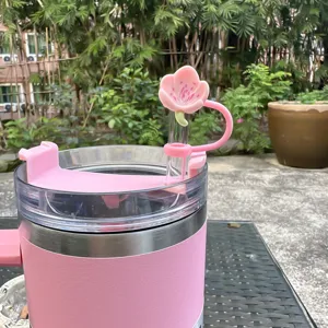 Pink peach blossom straw topper set with spill stopper, cute 10mm dustproof straw cover cap.