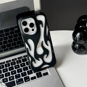 Matte black hollow flame phone case detail showing unique cutout design and fine texture.