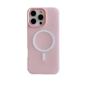 Coque de téléphone en silicone liquide rose avec anneau magnétique, protection bords droits.