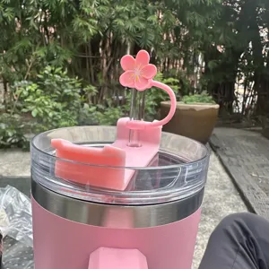 Pink cherry blossom silicone straw cover set with spill stopper for 10mm tumblers detail view