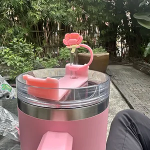 Pink peach blossom straw cover and spill stopper set for tumbler cups, cute silicone accessories.