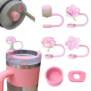 Silicone Peach Blossom Straw Cover And Spill Proof Stopper Set Dustproof Straw Cap For Drinking Cups Accessories