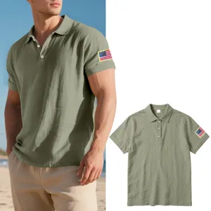 Men's breathable linen short sleeve polo shirt casual lapel top with US flag embroidery.