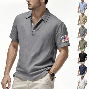 Men's American Casual Linen Blend Polo Shirt Embroidered Independence Day US Flag Short Sleeve Breathable Loose Polo Top