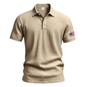 Men's casual breathable linen short sleeve polo shirt with American flag embroidery khaki