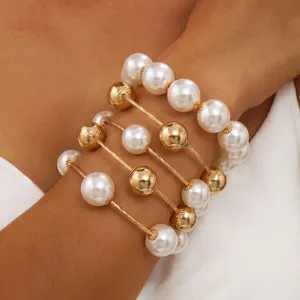 Minimalista Aleación Perla Artificial Cadena Capas Pulsera Conjunto Oro Geométrico Redondas Cuentas Apiladas Pulseras de Cuentas para Mujeres Dulce Joyería Regalo