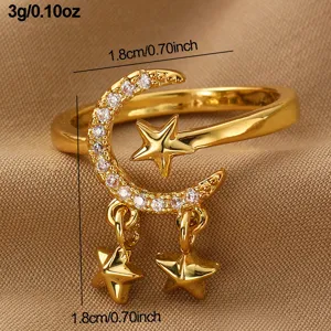 Verstellbarer goldener Stern- und Mondring mit glitzernden Zirkoniasteinen, Schmuck.