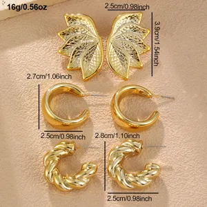 Übertriebene goldene Vintage-Ohrringe und Blätter Set, trendiger Modeschmuck für Damen.