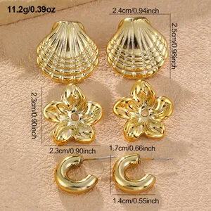 Gold Muschel Blume Creolen Set stilvoll Retro Statement Schmuck Accessoire Maße 9 Paar