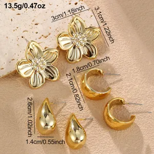 Elegantes Gold Metall Ohrring Set mit Blumen C-Reifen und Tropfen Design für Damen.