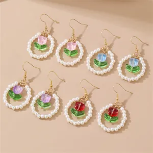 Pendientes de Gota de Tulipán y Perlas de Estilo Occidental Vintage Lazo Romántico Francés Pendientes de Gancho Flor Mujer