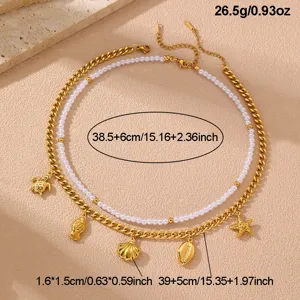 Zweilagige Perlen Halskette mit Goldkette und Seestern Schildkröte Anhänger für Damen Mode.