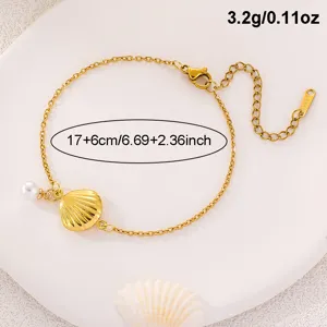 Goldfarbenes Muschel Perlen Armband Strand Urlaub Boho Schmuck Detailansicht mit Maßen und Gewicht