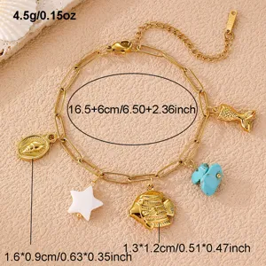 Ozean Thema Charm Armband für Damen, goldene Kette mit Seestern Fisch und Muschel Anhängern.