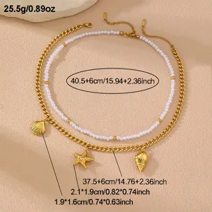 Zweireihige Perlenkette mit Seestern und Muschel Anhängern, elegante goldene Kette.