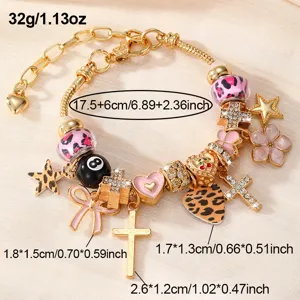 Gold Bettelarmband DIY Schlangenkette mit Leopardenmuster Perlen und Strass Kreuzen.