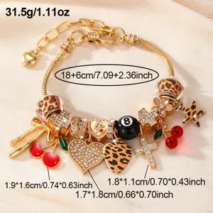 Vergoldetes Charms Armband DIY Schlangenkette mit Leo Perlen Kreuz Kirsche Herz Anhänger