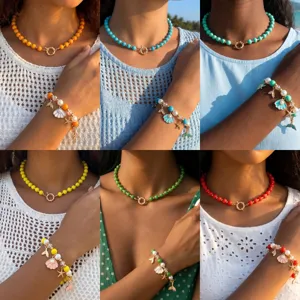 Zinklegierung Ozean Stil Seestern Muschel Bunte Perlen Kette Armband Set Damen Strand Urlaub Schmuck Choker