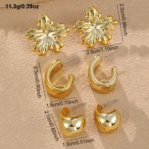 Goldene Statement Ohrringe Set mit schickem Blumen und C-Form Creolen Design fur Damen.