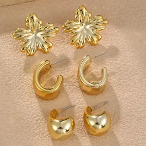 Gold Mode Ohrringe Set Vintage Blume und klobige C-Reifen Ohrringe fuer Damen