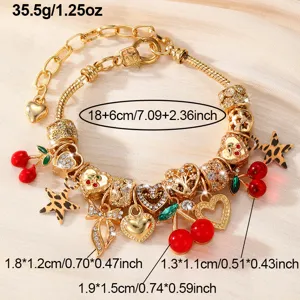 Goldener Bettelarmband DIY Schlangenkette mit Herz Kirsche und Leo Stern Anhängern für Damen.
