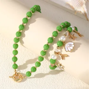 Sommer Strand Ozean Stil grüne Perlen Halskette und Muschel Seestern Armband Schmuck Set Damen.