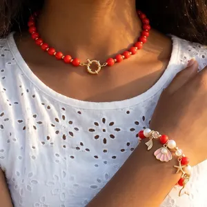 Sommerlicher Ozean Stil bunte Perlenkette Muschel Seestern Armband Modeschmuck Set