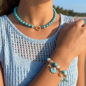 Sommer Strand türkis Perlenkette und Muschel Seestern Anhänger Armband Set Damen.