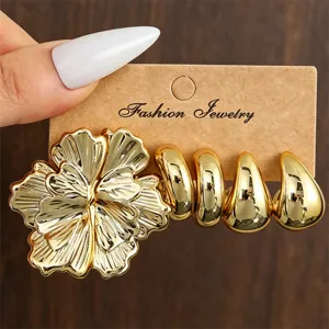 Uebertriebene retro goldene blumen ohrringe set, modische metall c-foermige creolen damen.