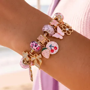Rosa Charm Armband DIY wechselbare Perlen süße Erdbeere Kirsche Design Damen Mode Schmuck